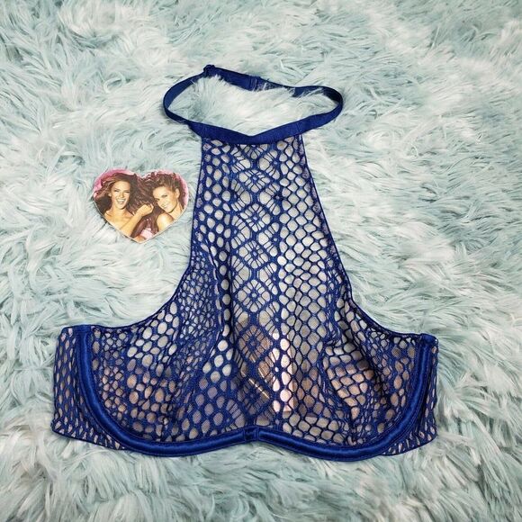 Victoria's Secrets Blue High Neck Unlined Bra Fish Net Size 32 B - Picture 1 of 5